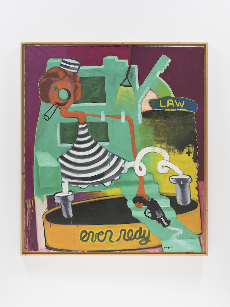 Peter Saul, Crime Doesn’t Pay, 1963. Oil on canvas, 59 x 51 1/8 in (149.9 x 129.9 cm). Collection KAWS. Photo: Farzad Owrang